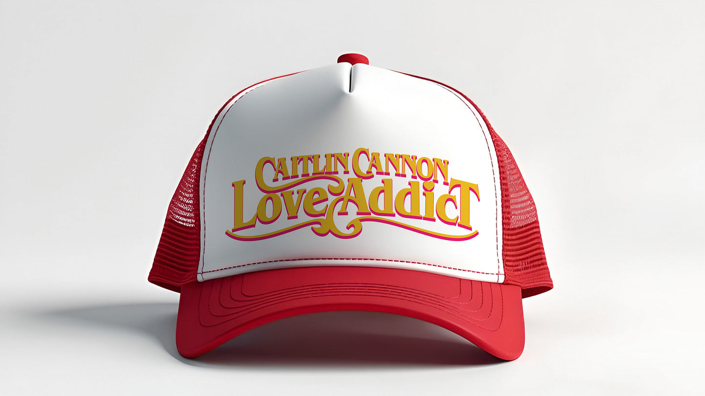 "Love Addict" High-Panel Trucker Hat (Navy or Red)